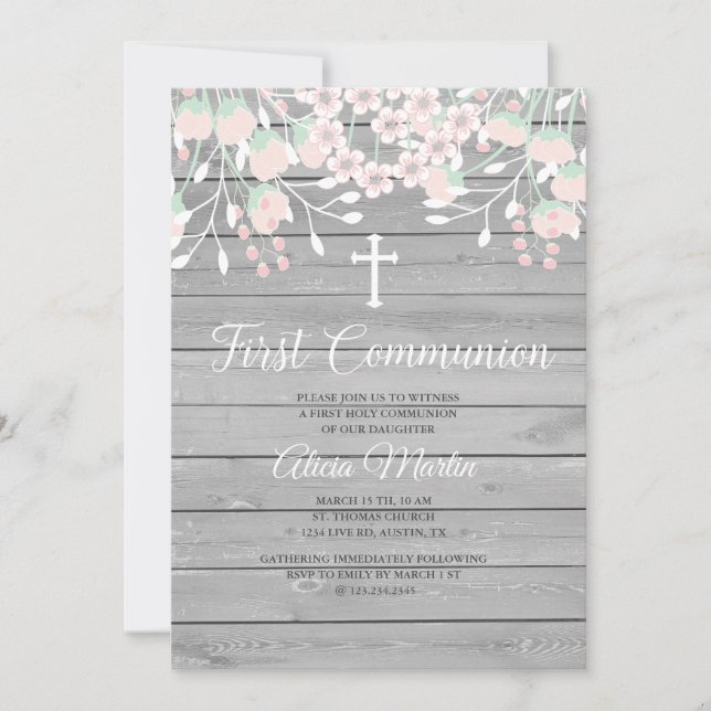 Rustic Gray wood floral first communion invitation (Front)