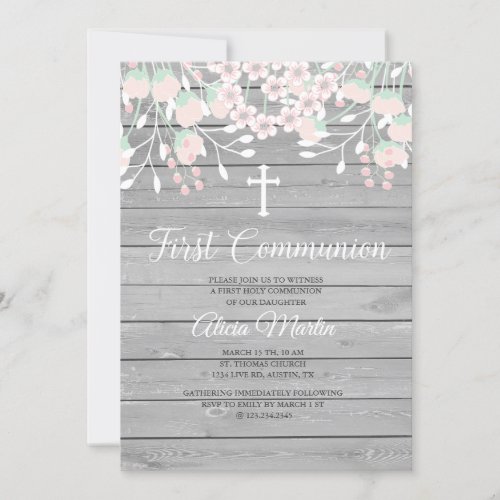 Rustic Gray wood floral first communion invitation