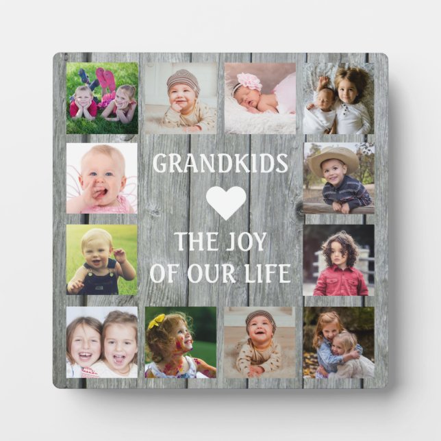 Rustic Gray Wood Grandkids Quote 12 Photo Collage Plaque (Front)