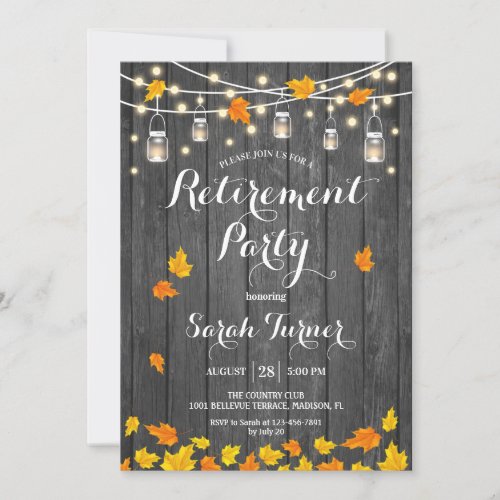 Rustic Gray Wood Lights Leaves Retirement Party Invitation