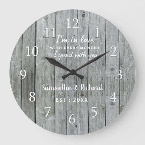 Rustic Gray Wood Love Quote Wedding Anniversary   Large Clock