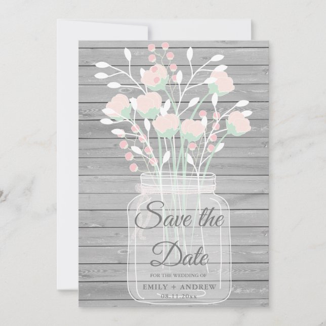 Rustic gray wood mason jar save the date invitation (Front)