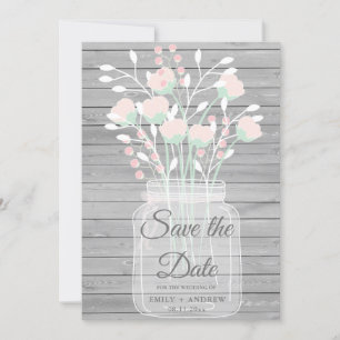 Rustic gray wood mason jar save the date invitation