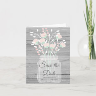 Rustic gray wood mason jar save the date photo invitation
