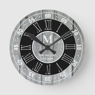Rustic Gray Wood Monogram Roman Numeral Farmhouse Round Clock