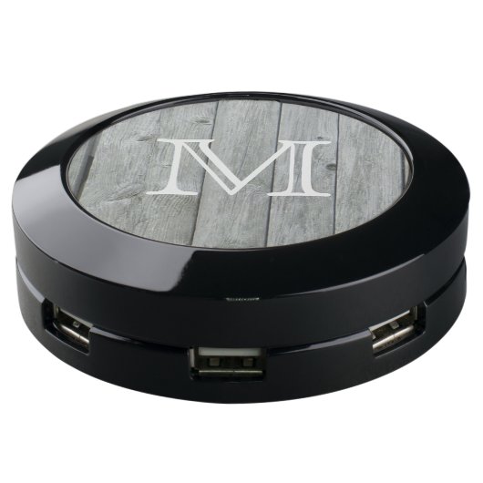 Rustic Gray Wood Monogrammed USB Charging Station (Angled)