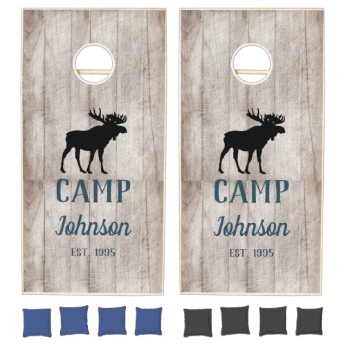 Rustic Gray Wood Moose Family Camp Cornhole Set