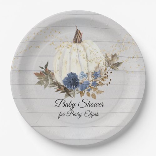 Rustic Gray Wood Navy Floral Pumpkin Baby Shower Paper Plates
