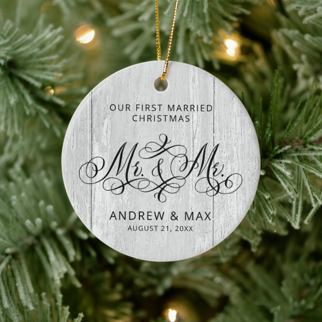 Rustic Gray Wood Personalized Mr & Mr Gay Wedding Ceramic Ornament (Tree)