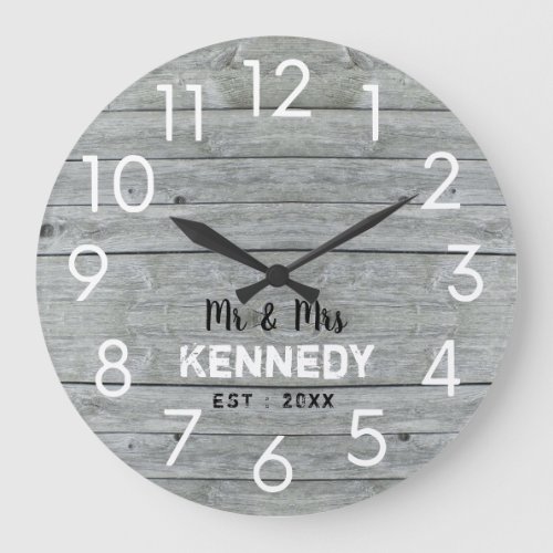 Rustic Gray Wood Personalized Wedding Large Clock