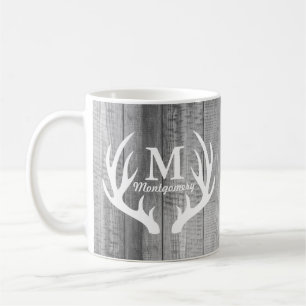 Rustic Gray Wood Planks & White Deer Antlers Coffee Mug