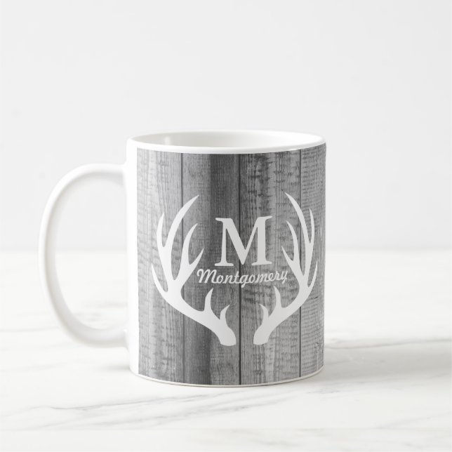 Rustic Gray Wood Planks & White Deer Antlers Coffee Mug (Left)