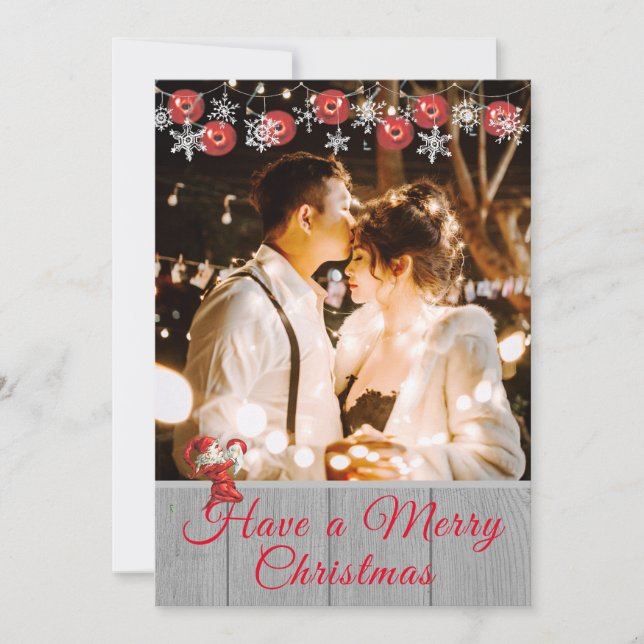 Rustic Gray Wood Red Elf Family Photo Christmas Holiday Card (Front)
