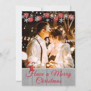 Rustic Gray Wood Red Elf Family Photo Christmas Holiday Card