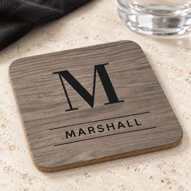 Rustic Gray Wood Serif Monogram Name Beverage Coaster (Creator Uploaded)