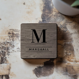 Rustic Gray Wood Serif Monogram Name Beverage Coaster