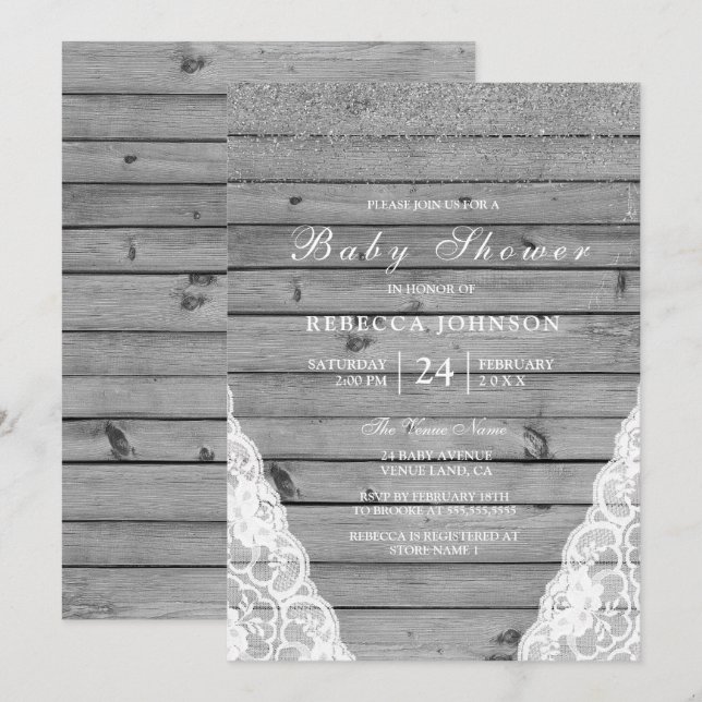 Rustic Gray Wood Silver White Lace Baby Shower Invitation (Front/Back)