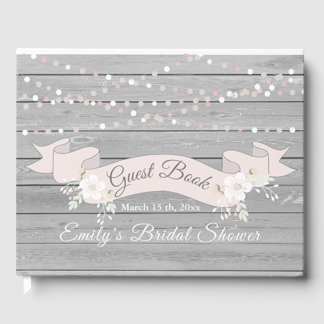 Rustic gray wood string lights bridal shower guest book (Front)