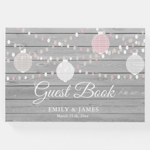 Rustic gray wood string lights wedding guest book