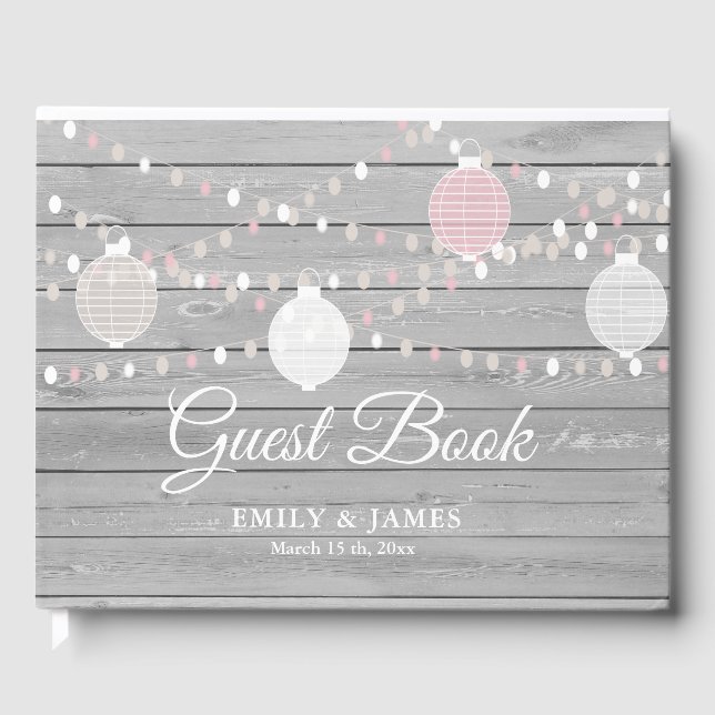 Rustic gray wood string lights wedding guest book (Front)