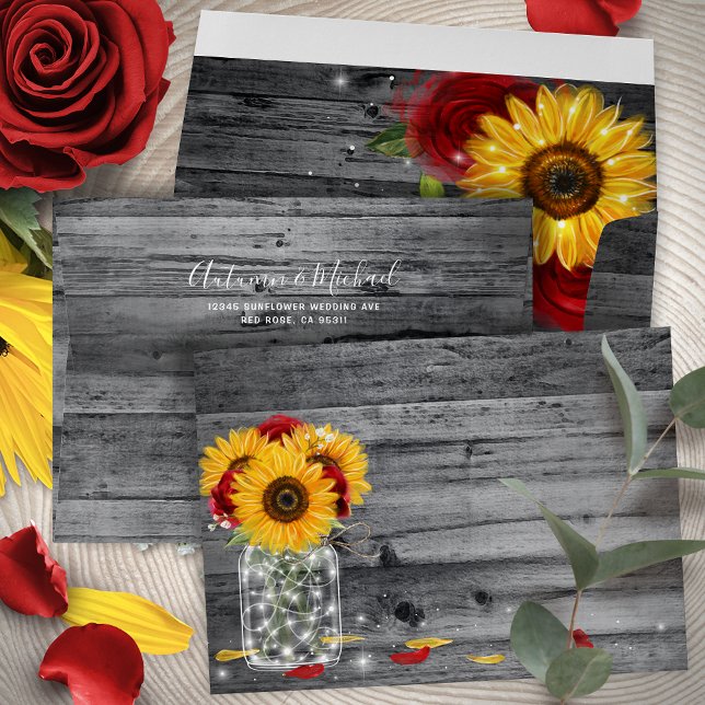 Rustic Gray Wood Sunflower and Red Rose Wedding Envelope (Personalize your own sunflower and red rose wedding return address envelopes with rustic gray wood.)