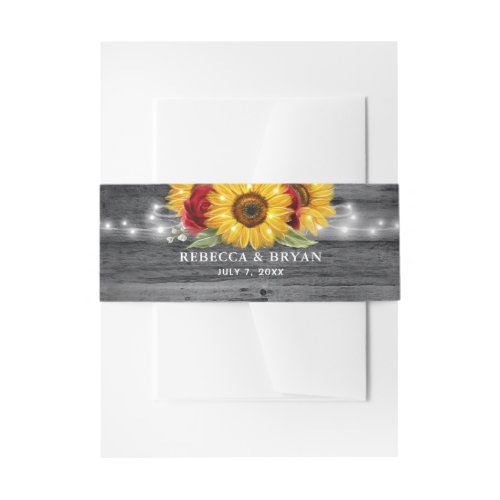 Rustic Gray Wood Sunflower and Red Rose Wedding Invitation Belly Band