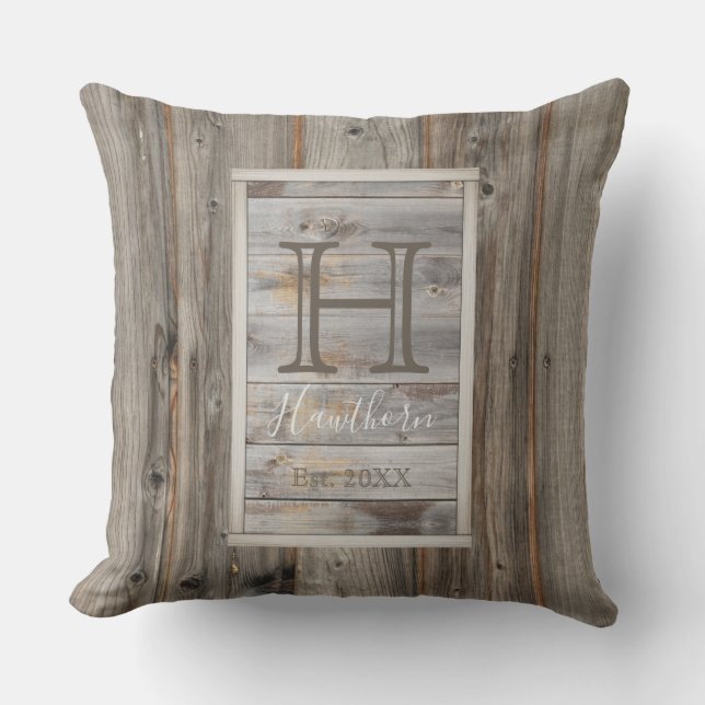 Rustic Gray Wood Tone Monogram Rectangle Outdoor Pillow (Front)