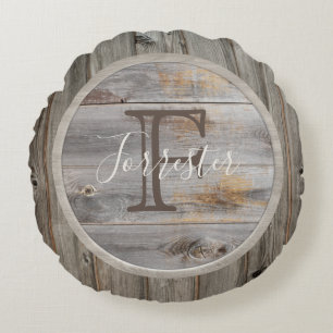 Rustic Gray Wood Tone Monogram Round Pillow