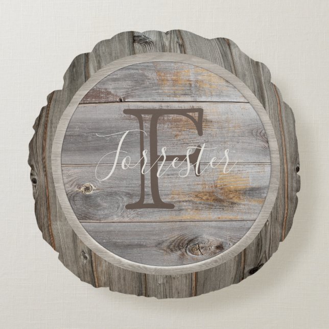 Rustic Gray Wood Tone Monogram Round Pillow (Front)
