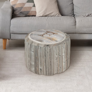 Rustic Gray Wood Tone Monogram Round Pouf