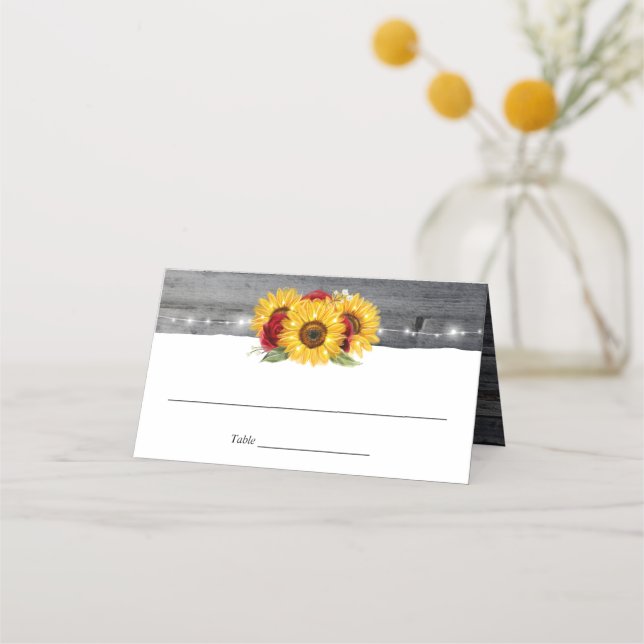 Rustic Gray Wood Watercolor Rose Sunflower Wedding Place Card (Front)