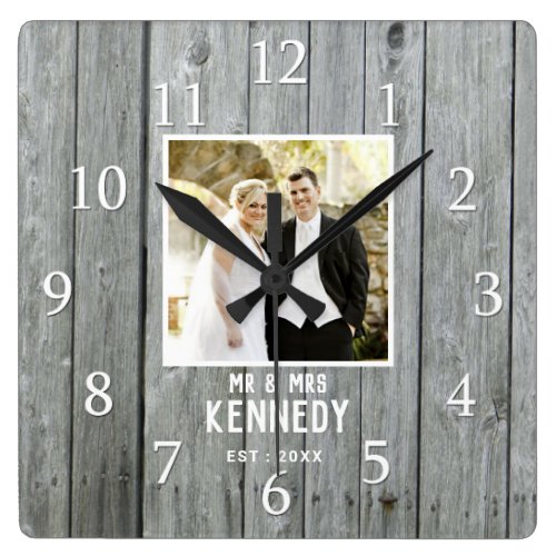 Rustic Gray Wood Wedding Anniversary Custom Photo Square Wall Clock