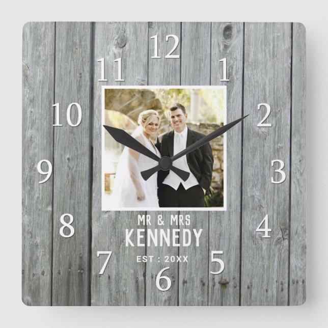 Rustic Gray Wood Wedding Anniversary Custom Photo Square Wall Clock (Front)