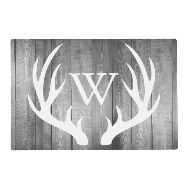 Rustic Gray Wood White Deer Antlers Monogram Placemat (Front)