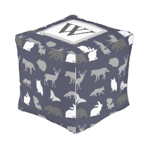 Rustic Gray Woodland Forest Animals Pattern Outdoor Pouf