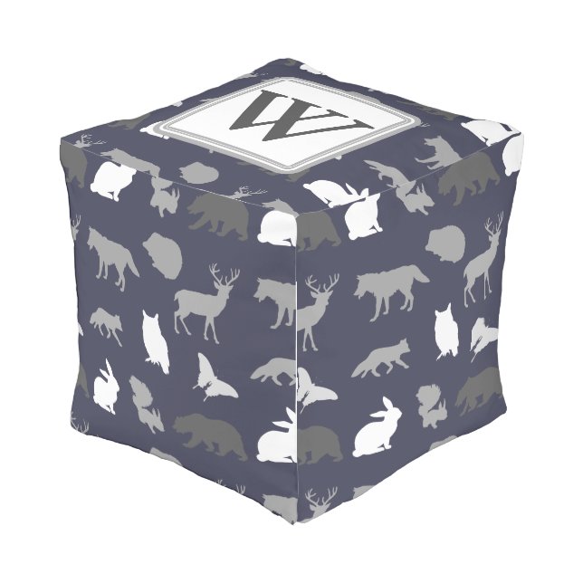 Rustic Gray Woodland Forest Animals Pattern Outdoor Pouf (Angled Front)