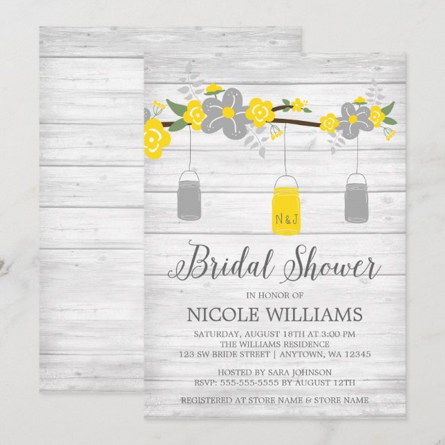 Rustic Gray Yellow Mason Jar Branch Bridal Shower Invitation (Front/Back)