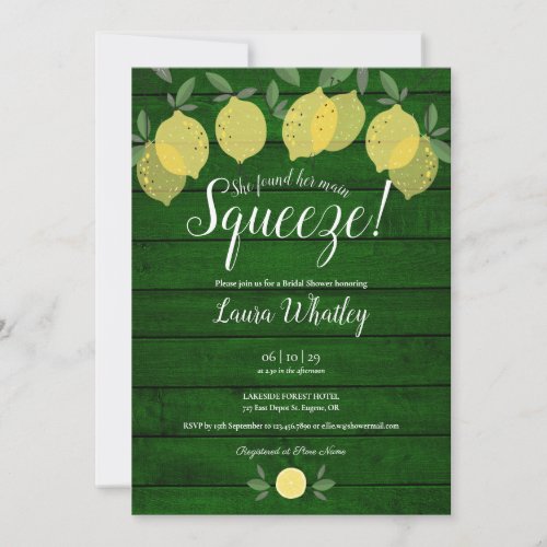 Rustic Greeen Wood Main Squeeze Bridal Shower Invitation