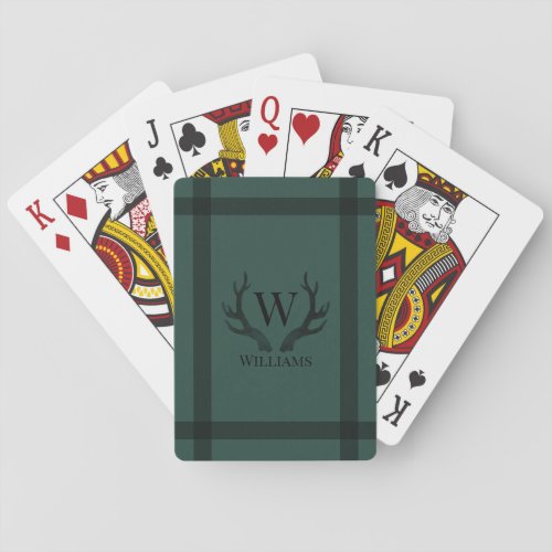 Rustic Green and Black Antlers Monogram and Name Poker Cards