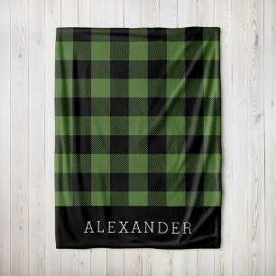 Rustic Green and Black Buffalo Check Monogram Fleece Blanket