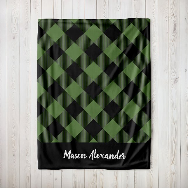 Rustic Green and Black Buffalo Check Monogram Fleece Blanket (Creator Uploaded)