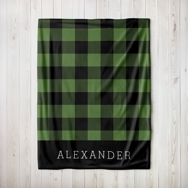 Rustic Green and Black Buffalo Check Monogram Fleece Blanket (Creator Uploaded)