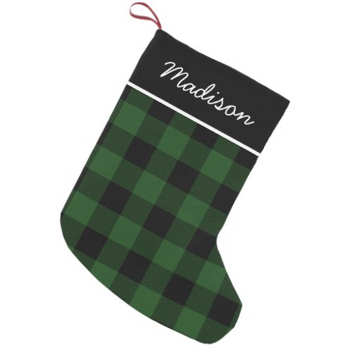 Rustic Green and Black Buffalo Check Monogram Small Christmas Stocking