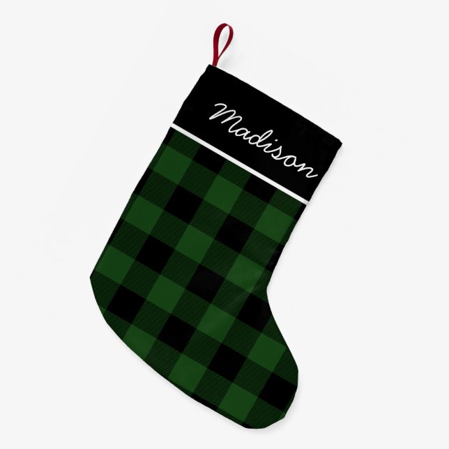 Rustic Green and Black Buffalo Check Monogram Small Christmas Stocking (Front (Hanging))