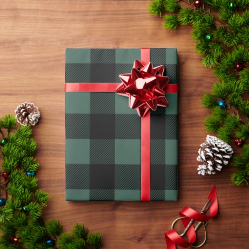 Rustic Green and Black Buffalo Plaid Christmas Wrapping Paper