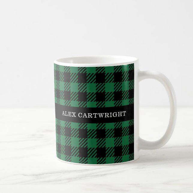 Rustic Green and Black Buffalo Plaid Name  Coffee Mug (Right)