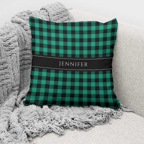 Rustic Green And Black Checked Plaid Pattern Name Throw Pillow