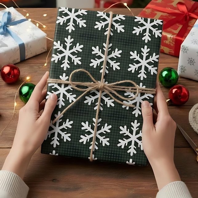 Rustic Green and Black Plaid Snowflake Christmas Wrapping Paper (Creator Uploaded)