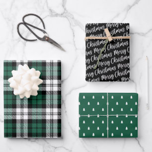 Rustic Green and Black Watch Plaid Christmas Wrapping Paper Sheets