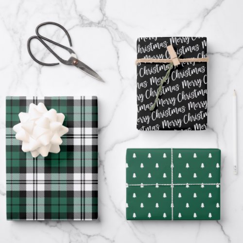 Rustic Green and Black Watch Plaid Merry Christmas Wrapping Paper Sheets